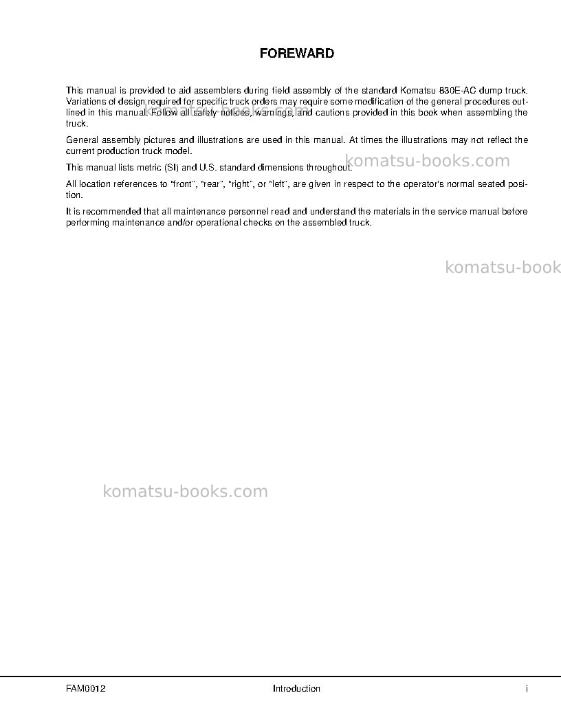 Komatsu 830e-1usa-ac Field assembly manual cover Page 3 Komatsu 830e-1usa-ac Field assembly manual cover Page 3
