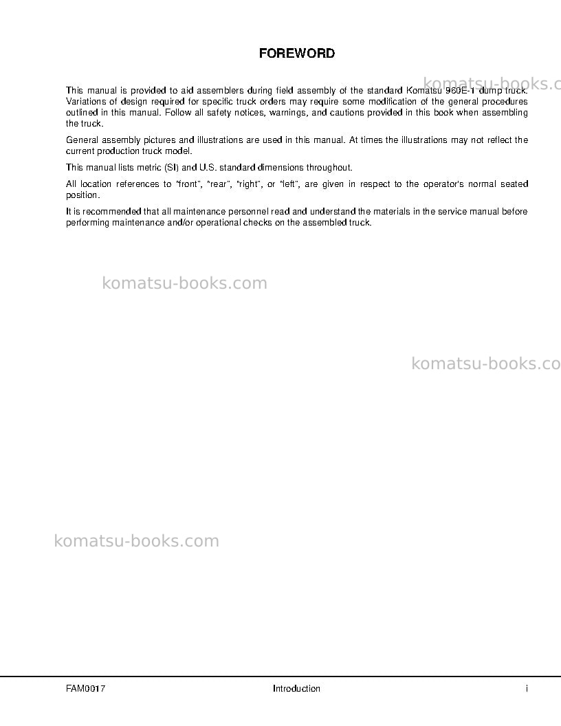 Komatsu 960e-1usa Field assembly manual cover Page 3 Komatsu 960e-1usa Field assembly manual cover Page 3