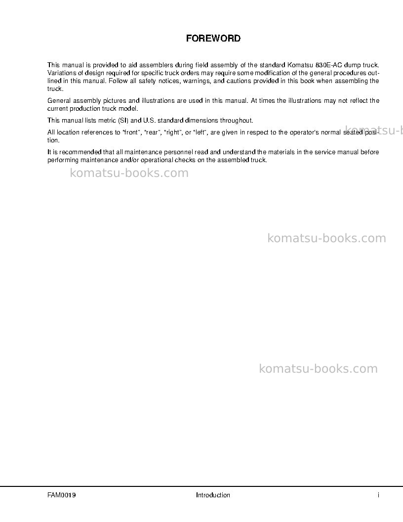 Komatsu 830e-1usa-ac Field assembly manual cover Page 3 Komatsu 830e-1usa-ac Field assembly manual cover Page 3