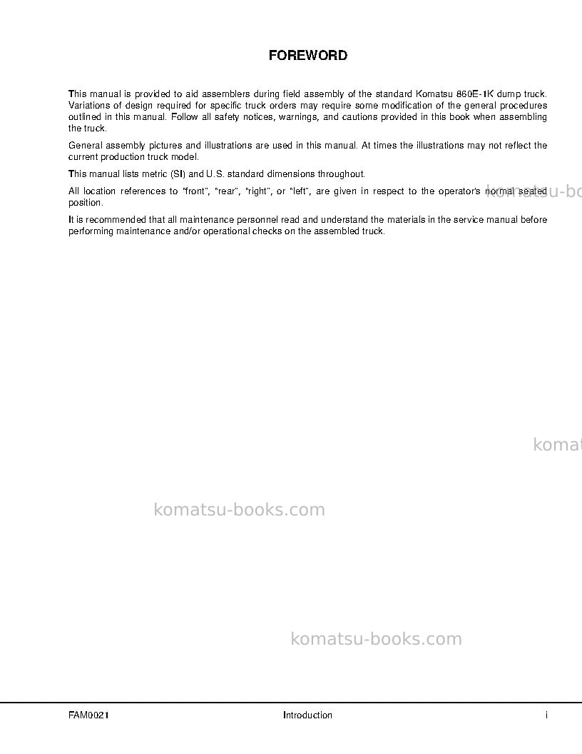 Komatsu 860e-1usa-k Field assembly manual cover Page 3 Komatsu 860e-1usa-k Field assembly manual cover Page 3