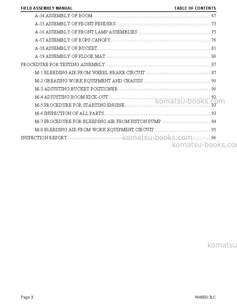 Komatsu wa800-3usa-lc Field assembly manual cover Page 3 Komatsu wa800-3usa-lc Field assembly manual cover Page 3