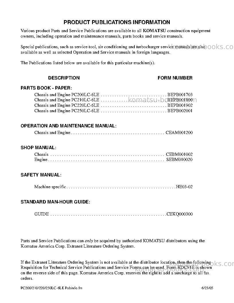 Komatsu pc250lc-6usa-le Repair & maintenance cover Page 3 Komatsu pc250lc-6usa-le Repair & maintenance cover Page 3