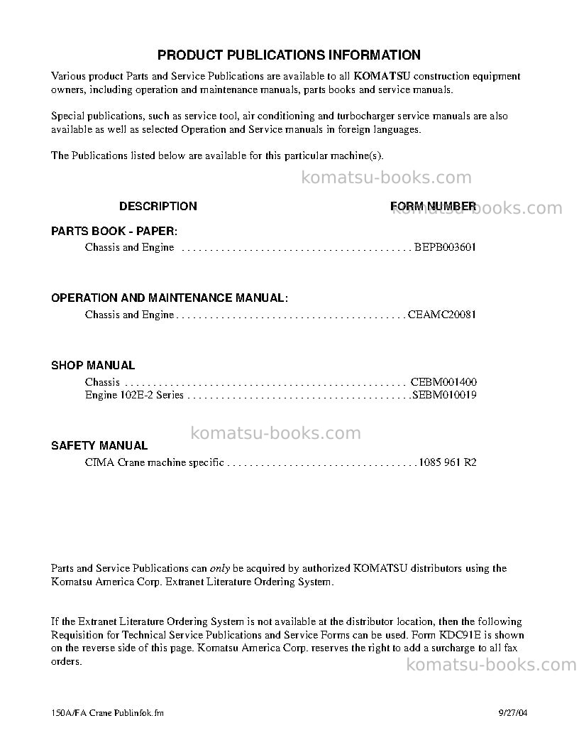 Komatsu 150fa Repair & maintenance cover Page 3