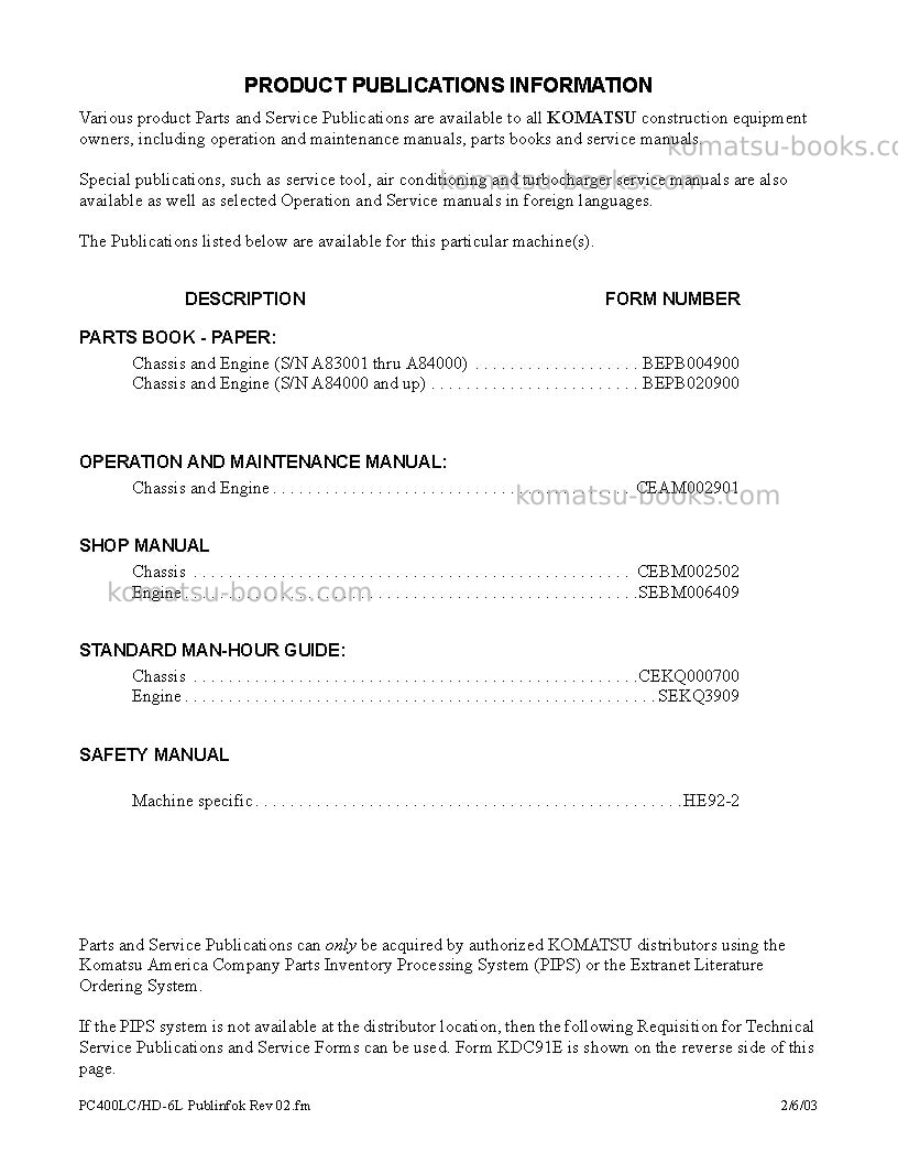Komatsu pc400hd-6usa-lk Repair & maintenance cover Page 3