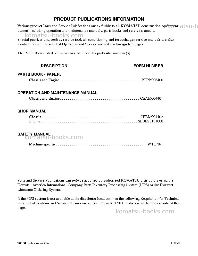 Komatsu wa700-3usa-l Repair & maintenance cover Page 3
