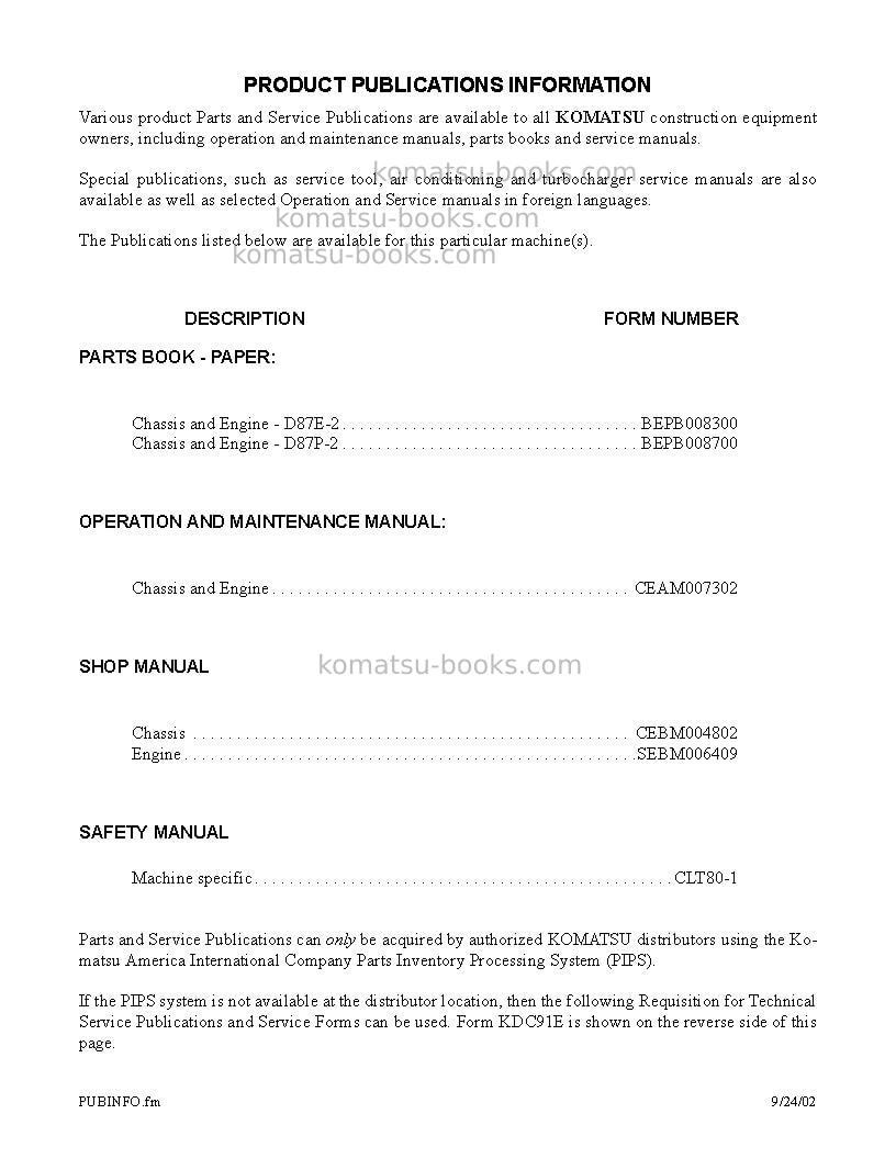 Komatsu d87e-2usa Repair & maintenance cover Page 3