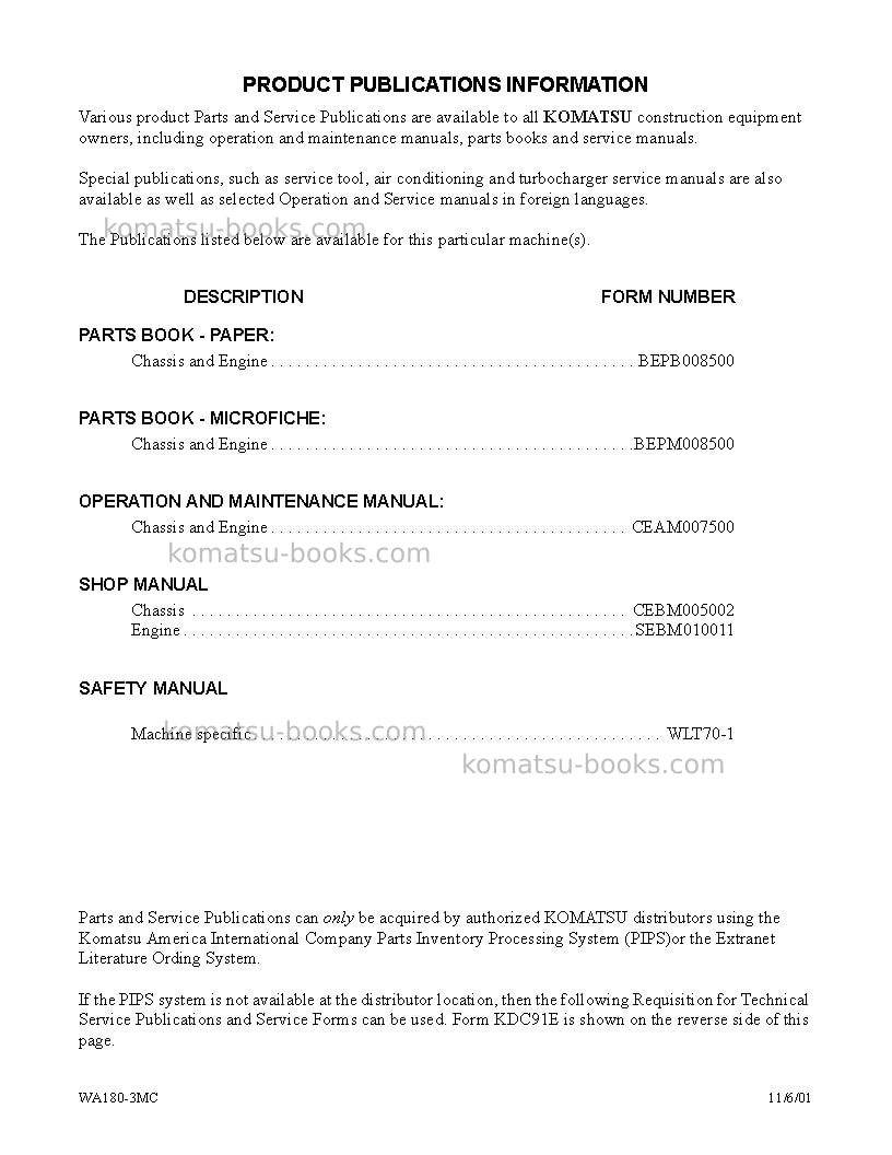 Komatsu wa180-3usa-mc Repair & maintenance cover Page 3