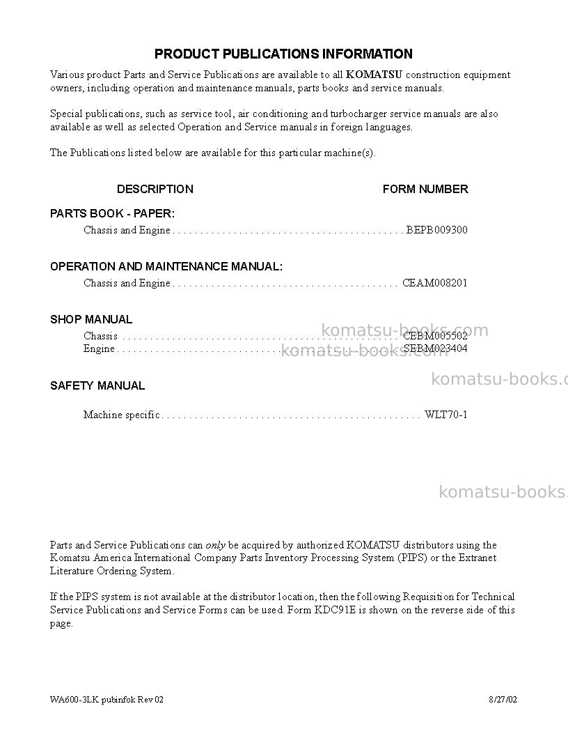 Komatsu wa600-3usa-lk Repair & maintenance cover Page 3