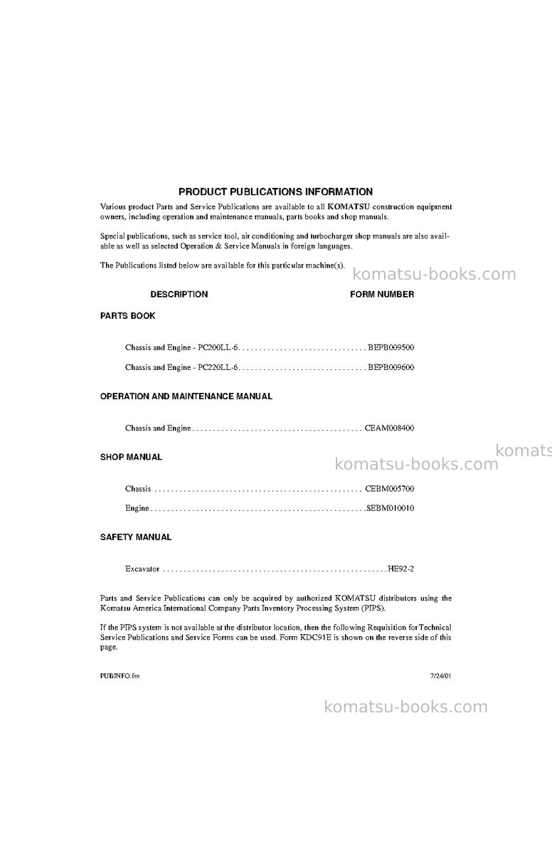 Komatsu pc200ll-6usa Repair & maintenance cover Page 3 Komatsu pc200ll-6usa Repair & maintenance cover Page 3