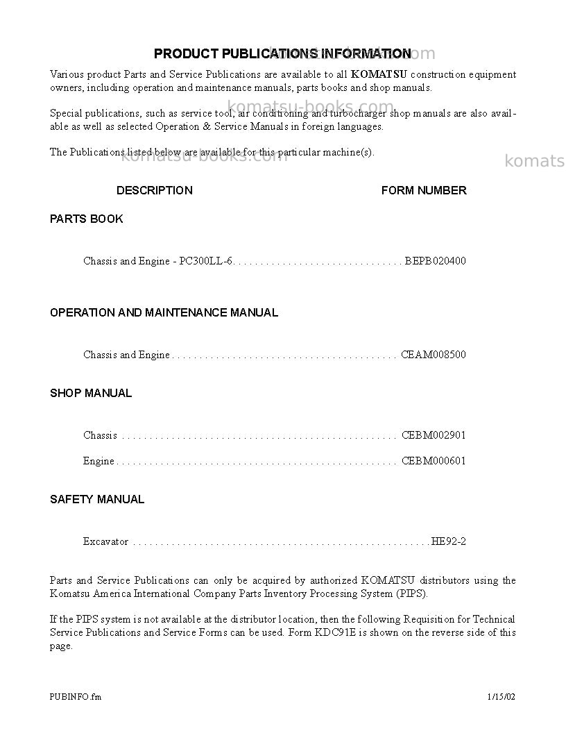 Komatsu pc300ll-6usa Repair & maintenance cover Page 3 Komatsu pc300ll-6usa Repair & maintenance cover Page 3