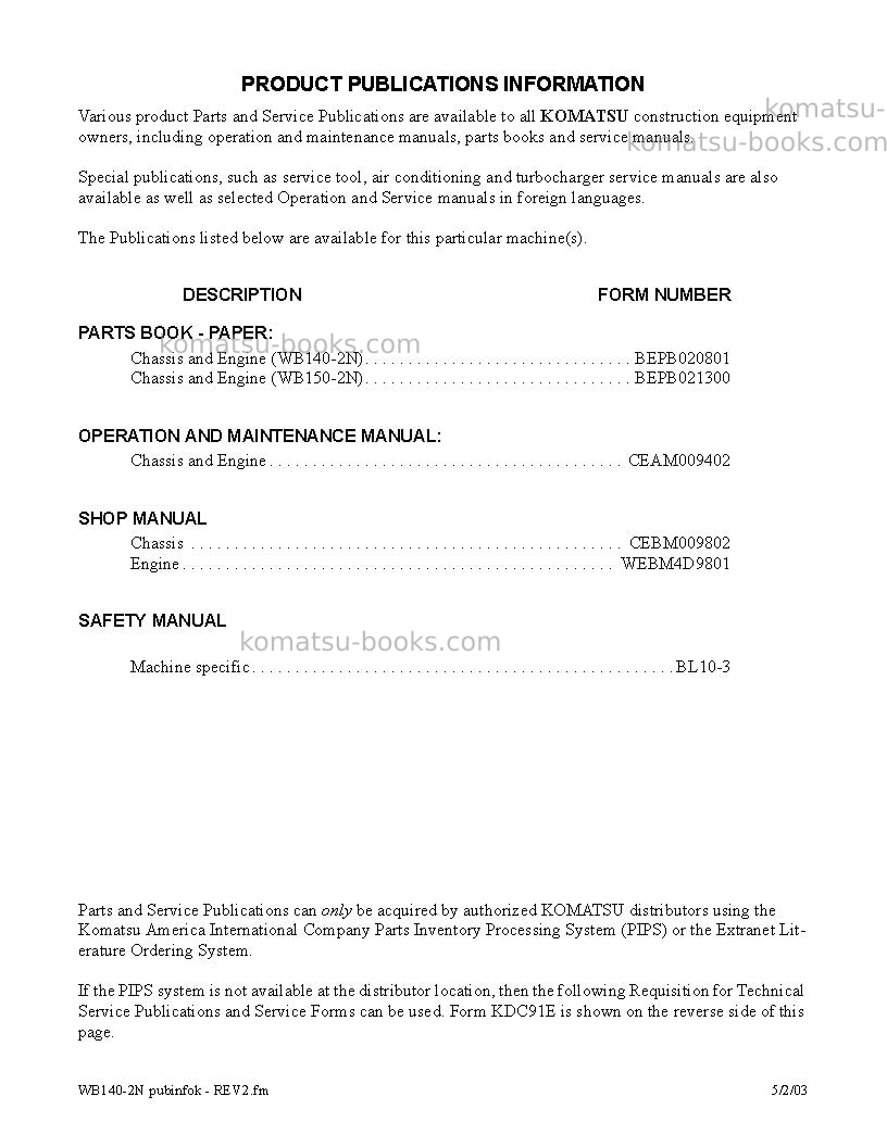 Komatsu wb140-2usa-n Repair & maintenance cover Page 3 Komatsu wb140-2usa-n Repair & maintenance cover Page 3