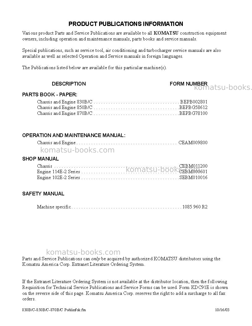 Komatsu 850c Repair & maintenance cover Page 3 Komatsu 850c Repair & maintenance cover Page 3