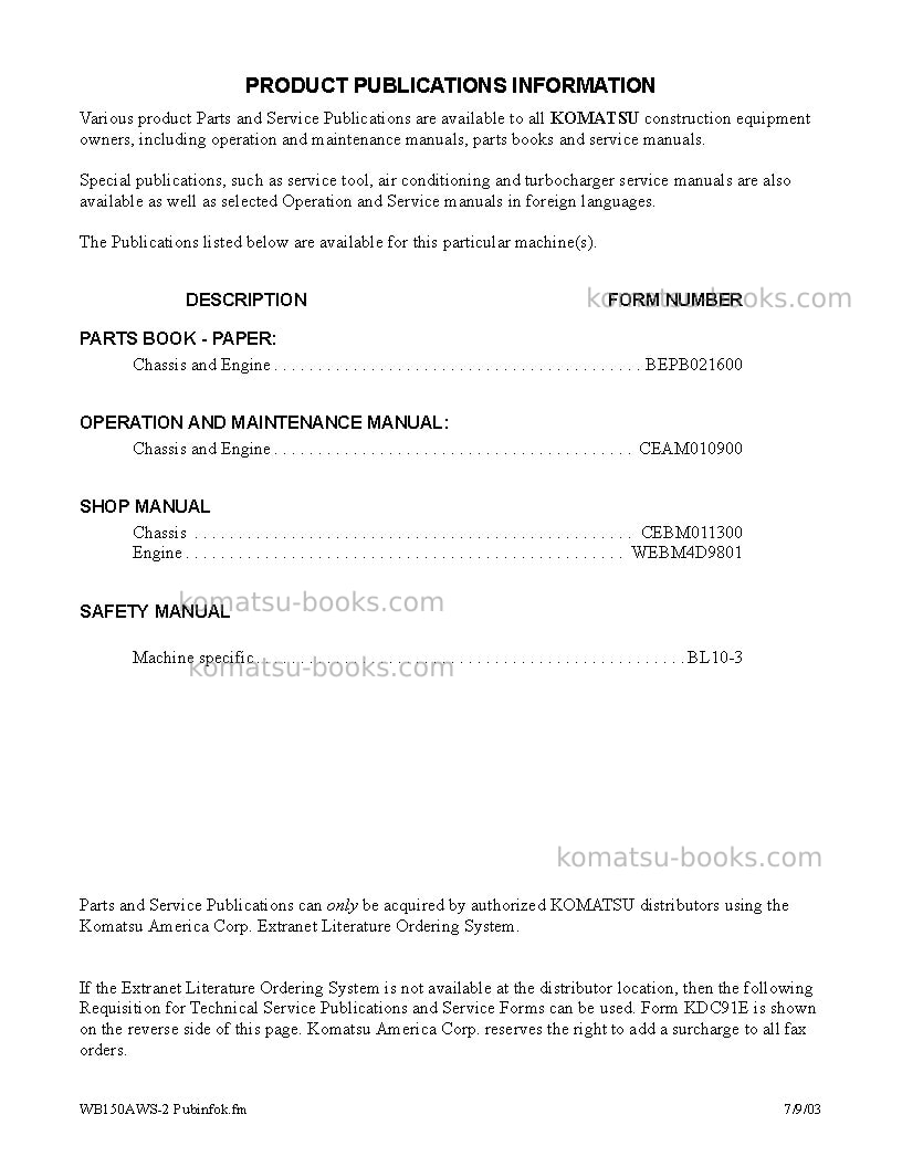 Komatsu wb150aws-2usa-n Repair & maintenance cover Page 3