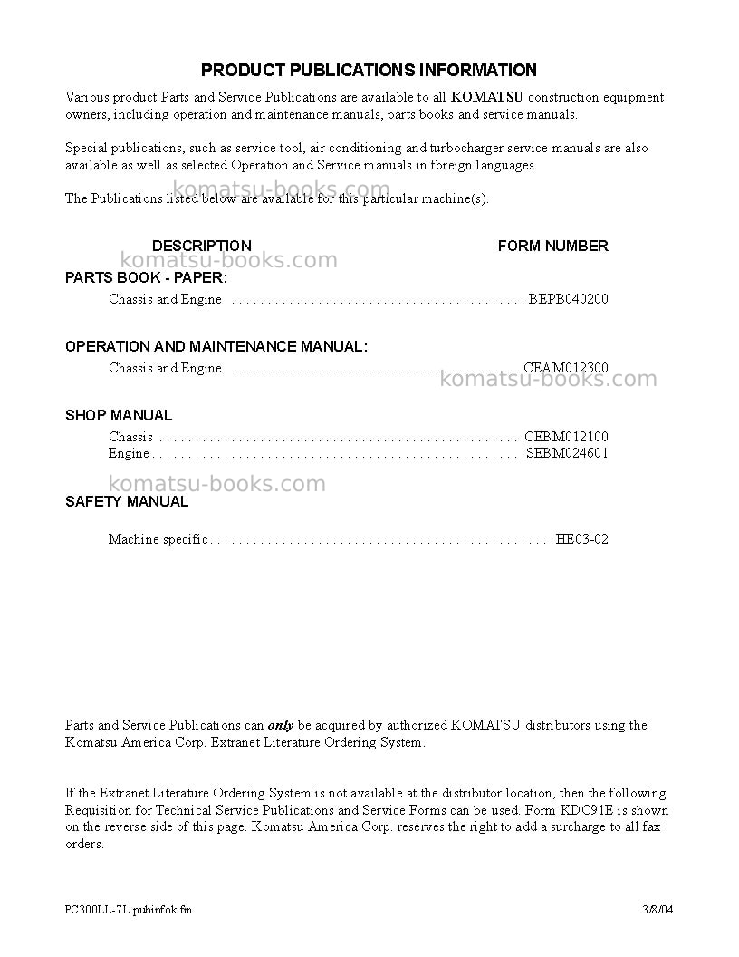 Komatsu pc300ll-7usa-l Repair & maintenance cover Page 3