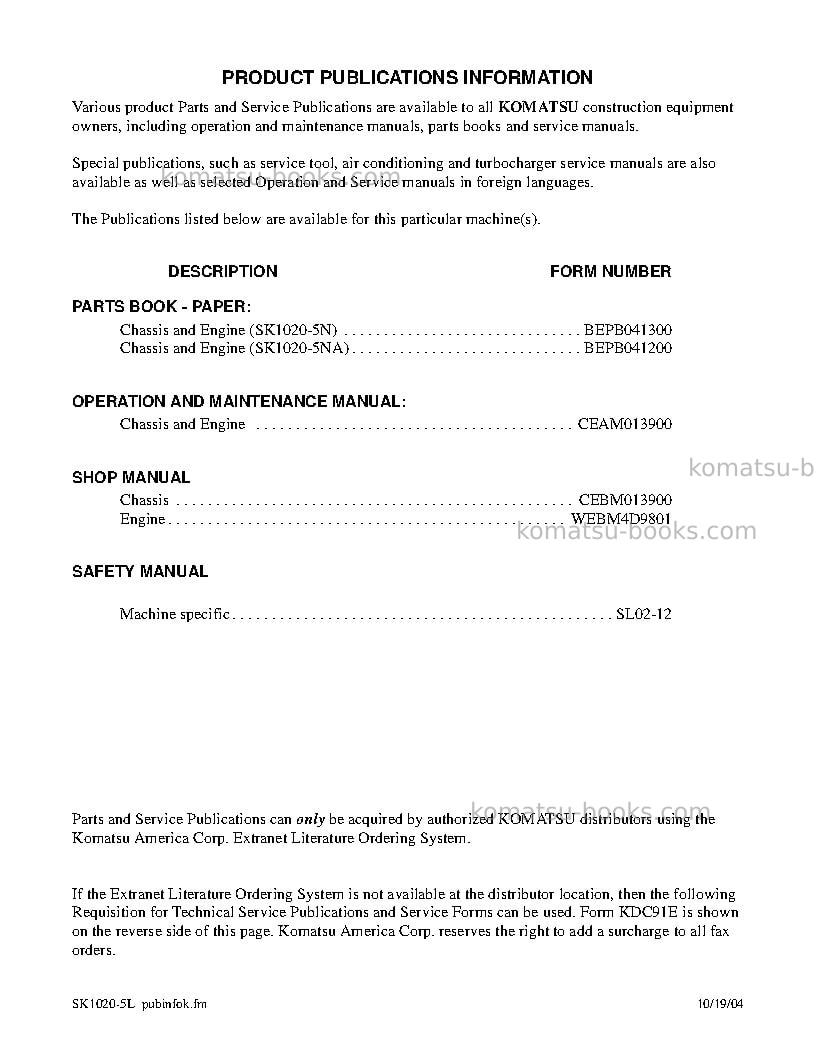 Komatsu sk1020-5usa-n Repair & maintenance cover Page 3