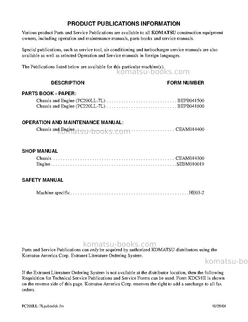 Komatsu pc220ll-7usa-l Repair & maintenance cover Page 3 Komatsu pc220ll-7usa-l Repair & maintenance cover Page 3