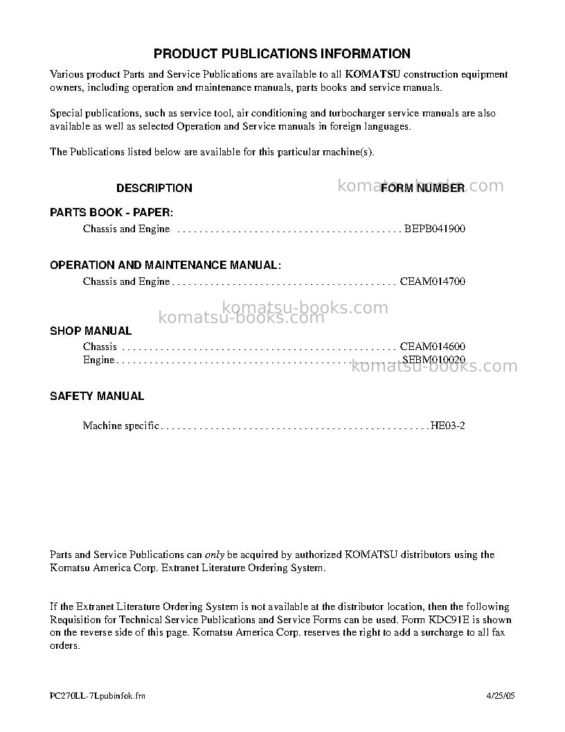 Komatsu pc270ll-7usa-l Repair & maintenance cover Page 3