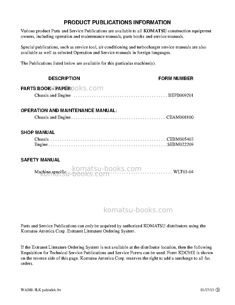 Komatsu wa500-3usa-lk Repair & maintenance cover Page 3