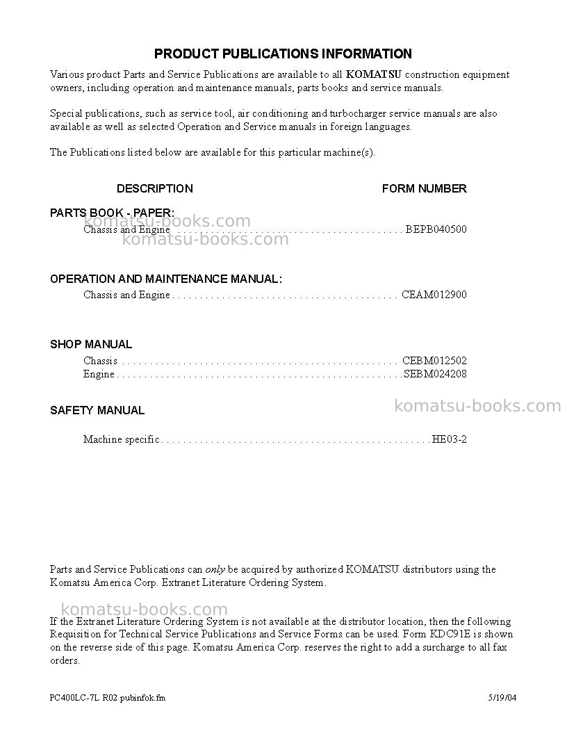 Komatsu pc400lc-7usa-l Repair & maintenance cover Page 3 Komatsu pc400lc-7usa-l Repair & maintenance cover Page 3