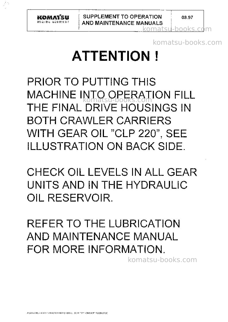 Komatsu pc8000-6deu-mian drive motor Operation manual cover Page 3