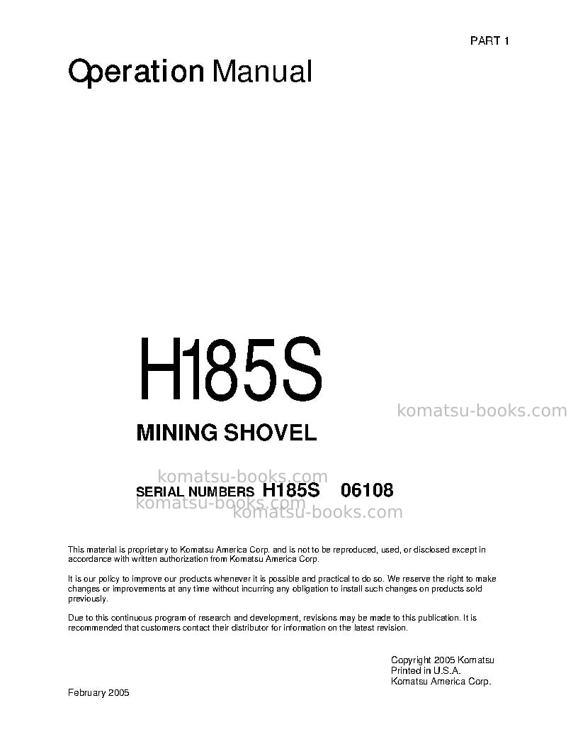 Komatsu h185sdeu Operation manual cover Page 3 Komatsu h185sdeu Operation manual cover Page 3