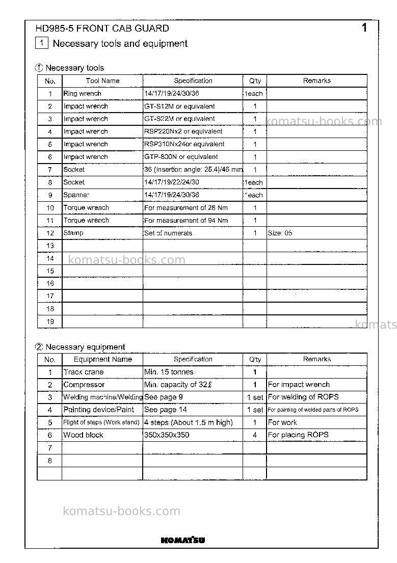 Komatsu hd985-5jpn-front cab guard Field assembly manual cover Page 3 Komatsu hd985-5jpn-front cab guard Field assembly manual cover Page 3