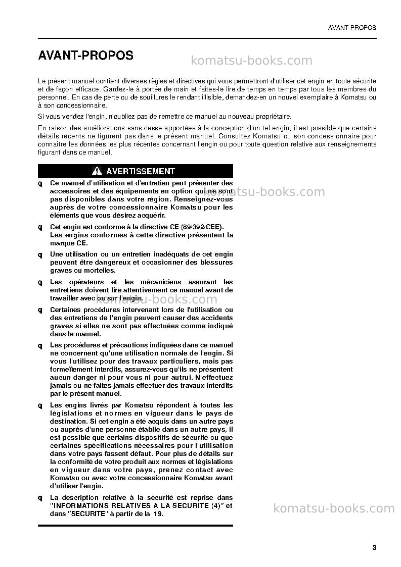 Komatsu pw220-7gbr-k Manuel d'utilisation couverture Page 3 Komatsu pw220-7gbr-k Manuel d'utilisation couverture Page 3