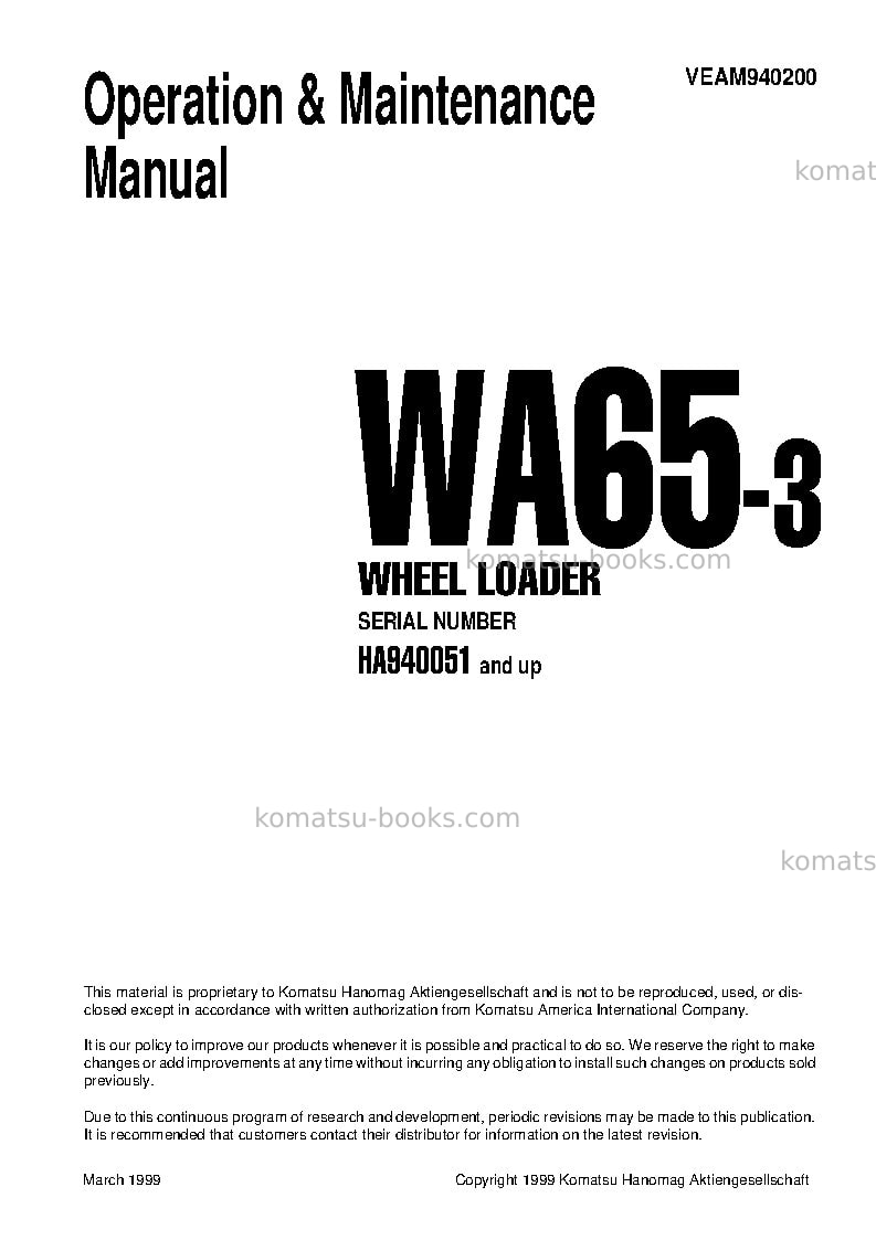 Komatsu wa65-3deu Operation manual cover Page 3 Komatsu wa65-3deu Operation manual cover Page 3