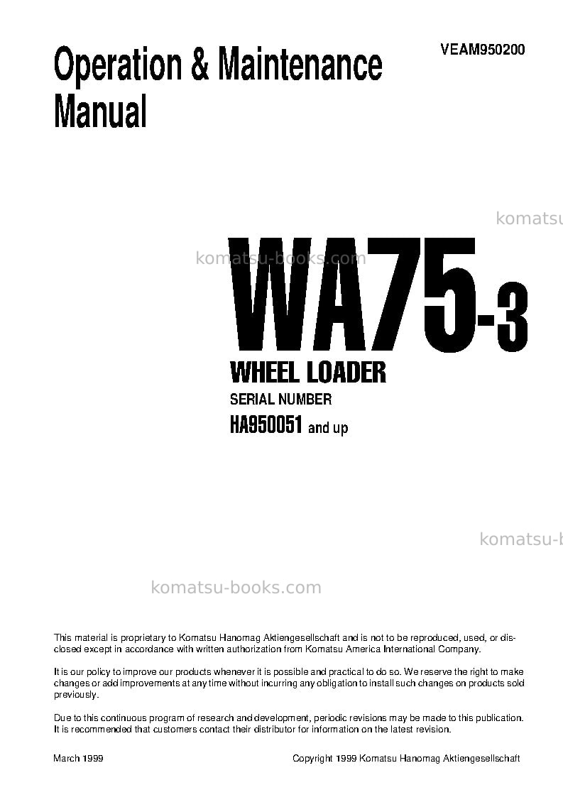Komatsu wa75-3deu Operation manual cover Page 3 Komatsu wa75-3deu Operation manual cover Page 3