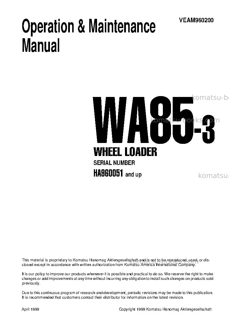 Komatsu wa85-3deu Operation manual cover Page 3 Komatsu wa85-3deu Operation manual cover Page 3