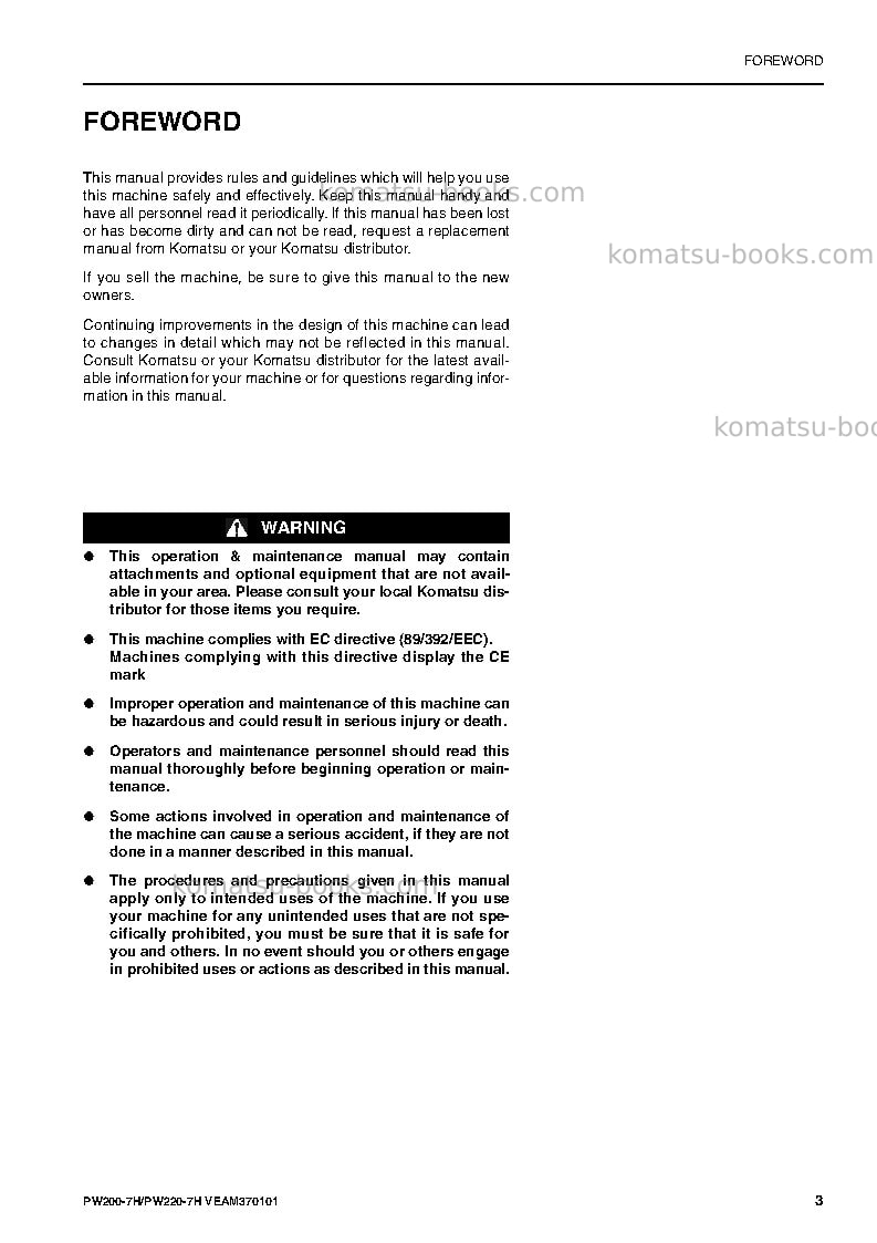 Komatsu pw200-7deu Operation manual cover Page 3 Komatsu pw200-7deu Operation manual cover Page 3