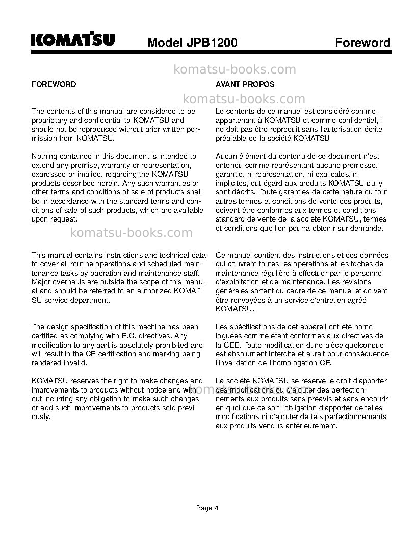 Komatsu jpb1200usa Operation manual cover Page 4 Komatsu jpb1200usa Operation manual cover Page 4