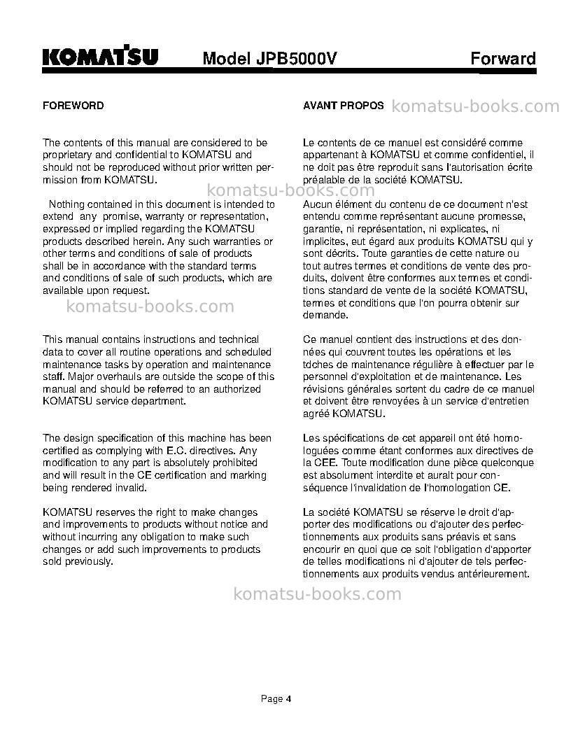 Komatsu jpb5000vusa Operation manual cover Page 4 Komatsu jpb5000vusa Operation manual cover Page 4