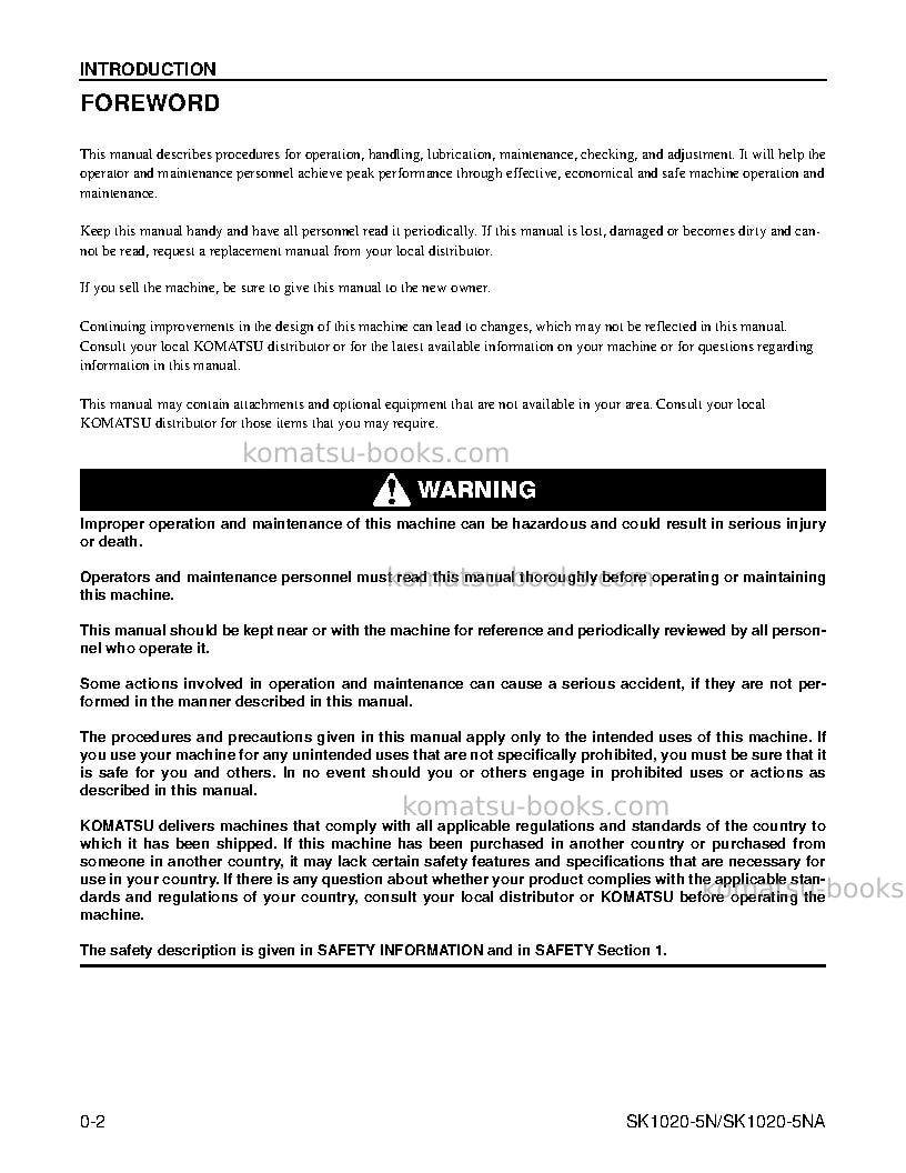 Komatsu sk1020-5usa-na Operation manual cover Page 4 Komatsu sk1020-5usa-na Operation manual cover Page 4