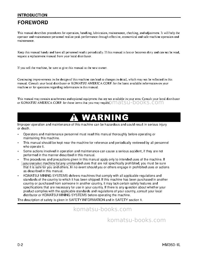 Komatsu hm350-1usa-l Operation manual cover Page 4 Komatsu hm350-1usa-l Operation manual cover Page 4