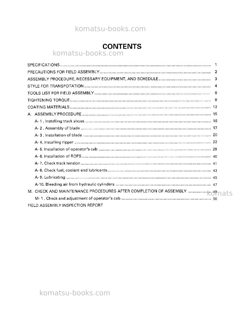 Komatsu d275a-5jpn Field assembly manual cover Page 4 Komatsu d275a-5jpn Field assembly manual cover Page 4