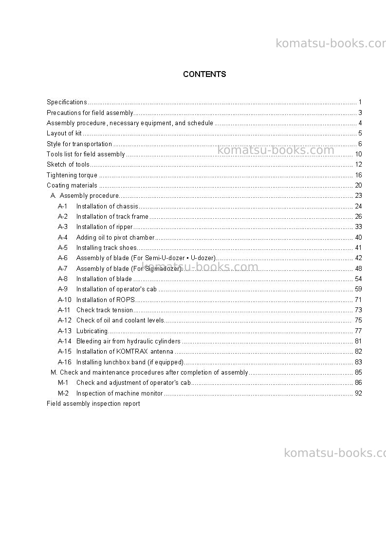 Komatsu d275a-5jpn-r Field assembly manual cover Page 4 Komatsu d275a-5jpn-r Field assembly manual cover Page 4