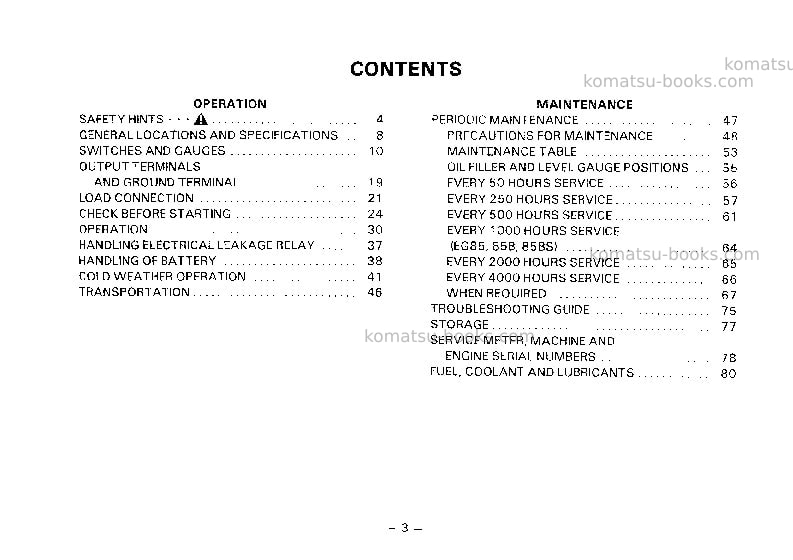 Komatsu eg85bs-1jpn Operation manual cover Page 4 Komatsu eg85bs-1jpn Operation manual cover Page 4