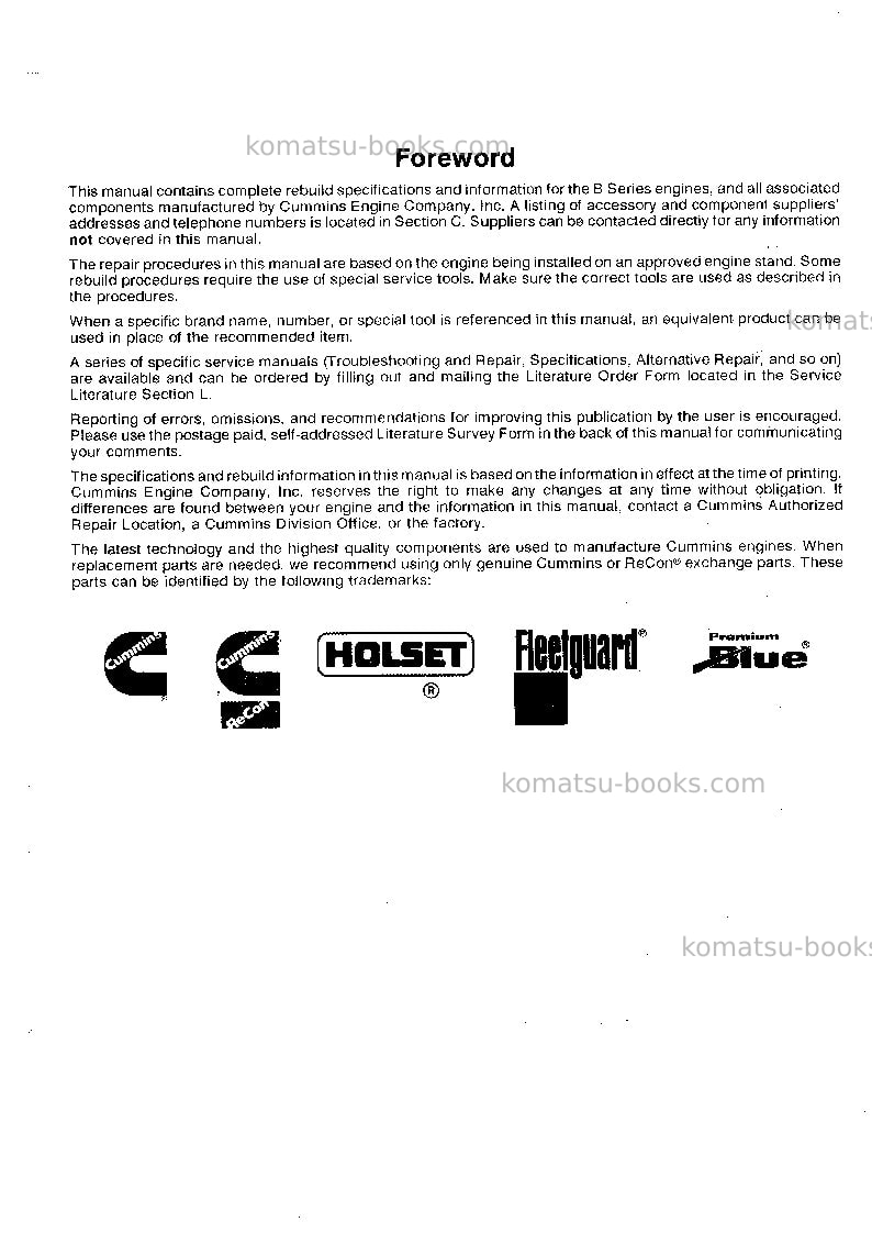 Komatsu cummins-bdeu Repair & maintenance cover Page 4 Komatsu cummins-bdeu Repair & maintenance cover Page 4