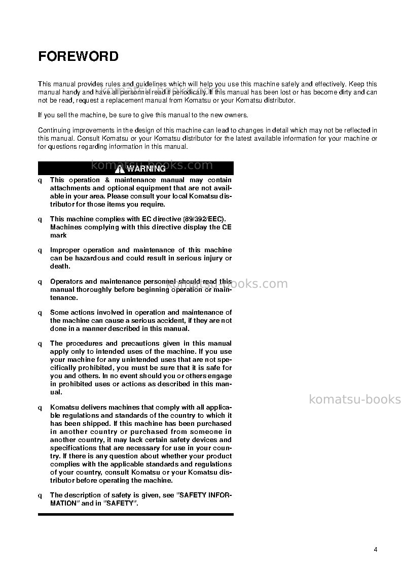 Komatsu pw220-7gbr-material handler Operation manual cover Page 4 Komatsu pw220-7gbr-material handler Operation manual cover Page 4