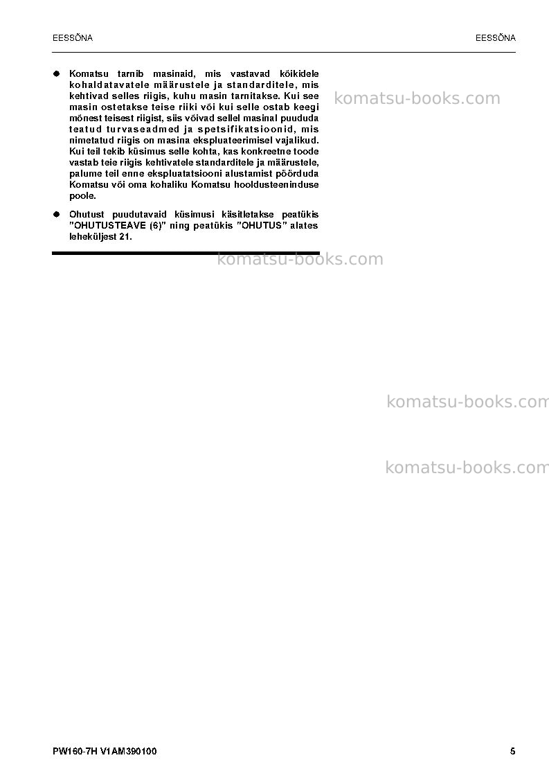 Komatsu pw160-7deu Operation manual cover Page 4