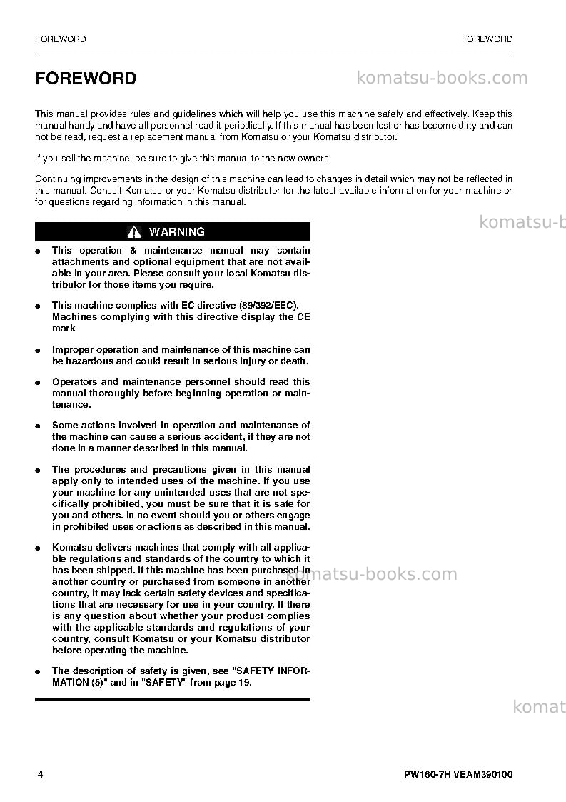 Komatsu pw160-7deu Operation manual cover Page 4 Komatsu pw160-7deu Operation manual cover Page 4