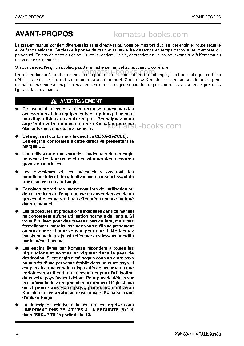 Komatsu pw160-7deu Manuel d'utilisation couverture Page 4 Komatsu pw160-7deu Manuel d'utilisation couverture Page 4