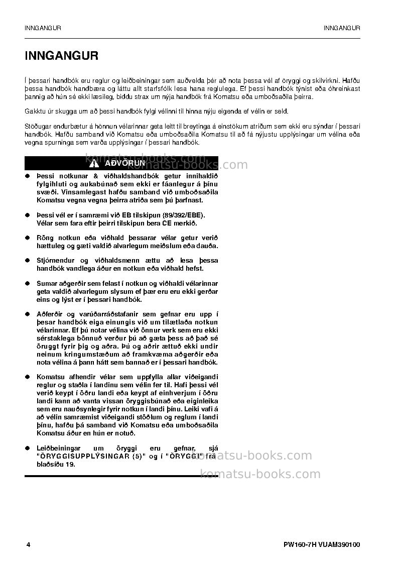 Komatsu pw160-7deu Operation manual cover Page 4