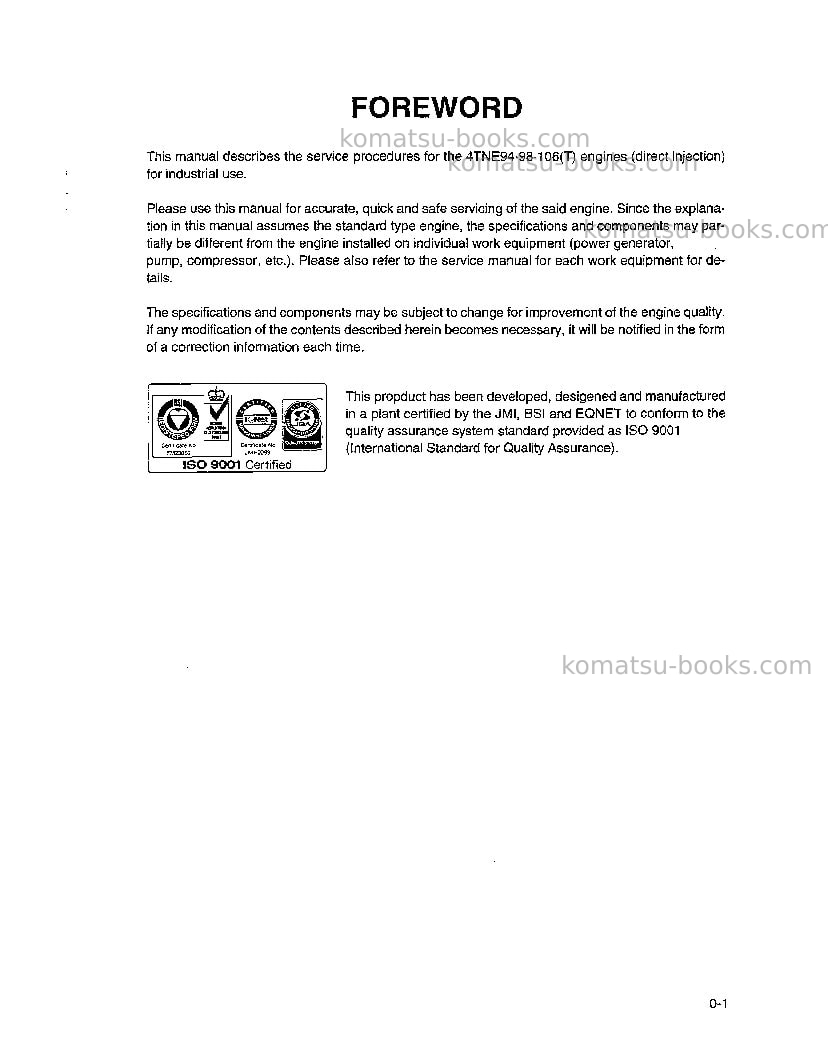 Komatsu 4d106-1bel Repair & maintenance cover Page 4 Komatsu 4d106-1bel Repair & maintenance cover Page 4