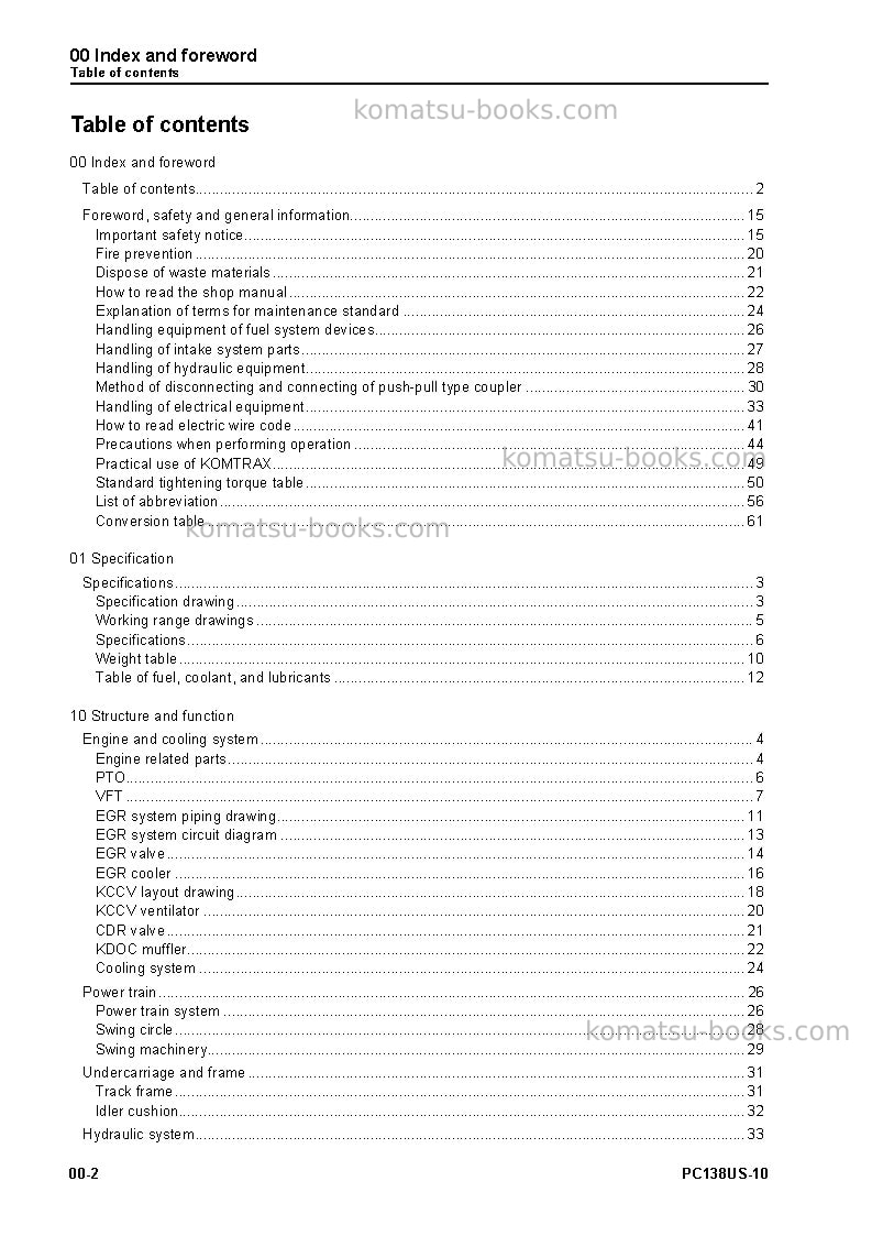 Komatsu pc138us-10ita Repair & maintenance cover Page 4