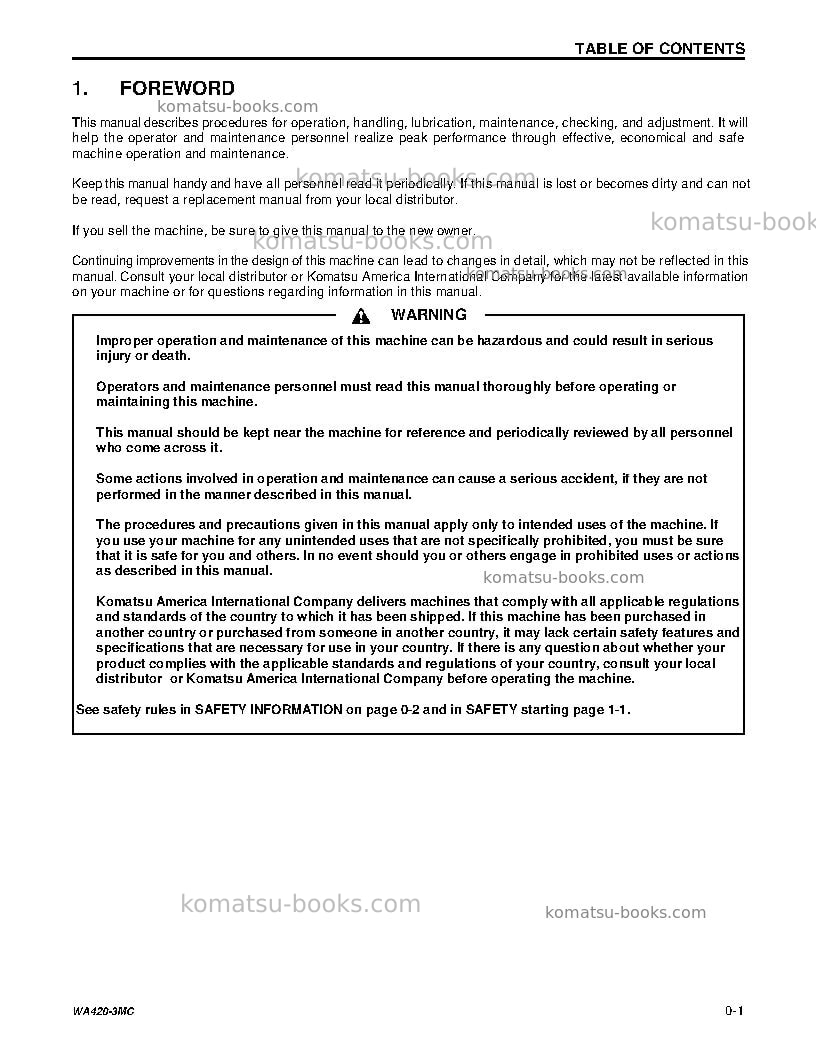 Komatsu wa420-3usa-mc Operation manual cover Page 5 Komatsu wa420-3usa-mc Operation manual cover Page 5