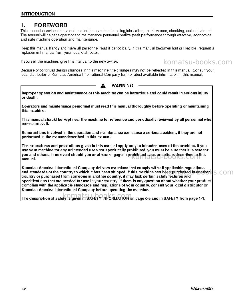 Komatsu wa450-3usa-mc Operation manual cover Page 5 Komatsu wa450-3usa-mc Operation manual cover Page 5