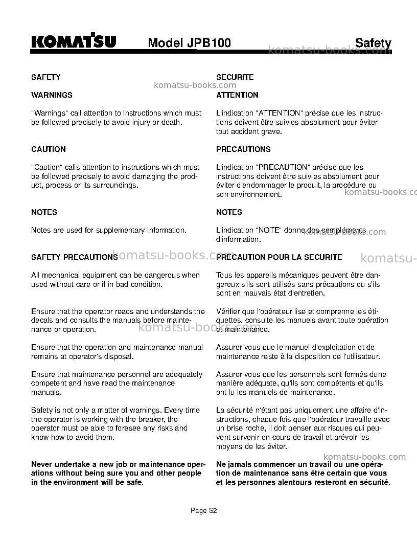 Komatsu jbp100usa Operation manual cover Page 5 Komatsu jbp100usa Operation manual cover Page 5