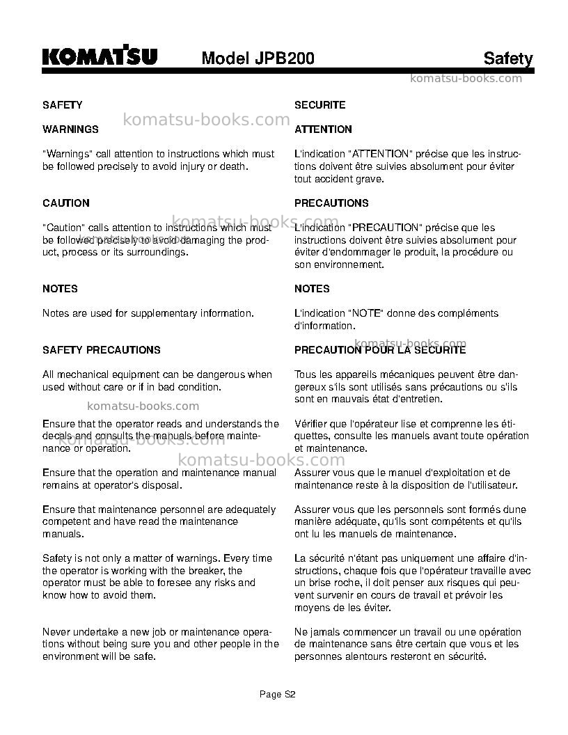 Komatsu jpb200usa Operation manual cover Page 5 Komatsu jpb200usa Operation manual cover Page 5
